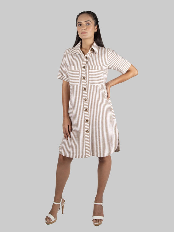 Brown & White Short Shirt Dress