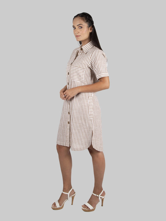 Brown & White Short Shirt Dress